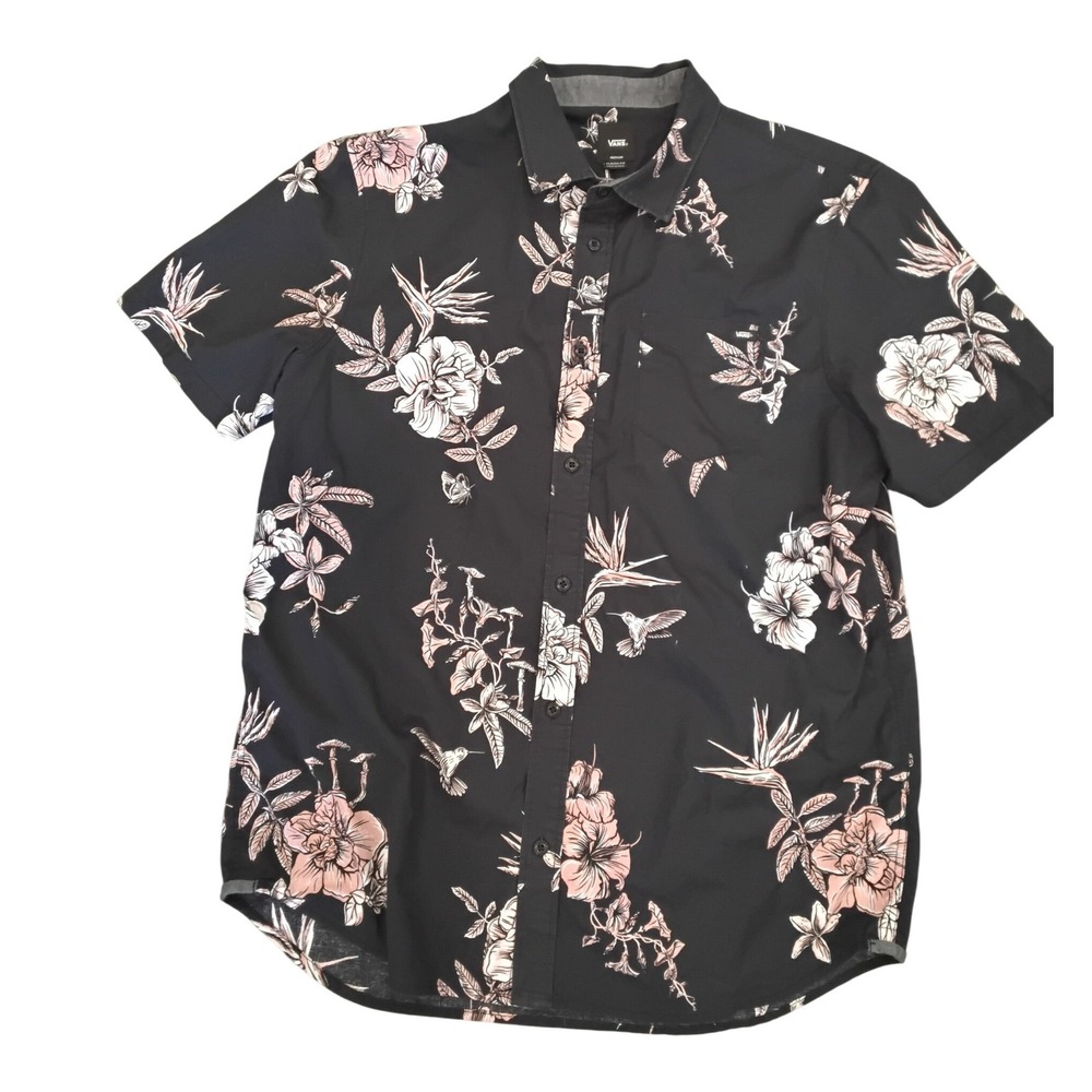 Vans Mens Classic Fit Short Sleeve Button Down Shirt Black Floral Bird Medium